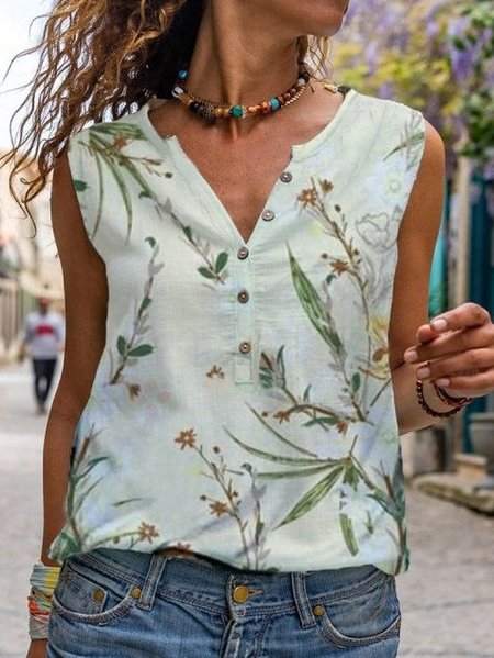 

Sleeveless Shift Floral V Neck Tanks & Camis, White, Tanks & Camis