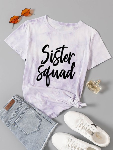 Sister Squad Graphic Round Neck Casual Tie Dye T Shirt, Purple, T-shirts
