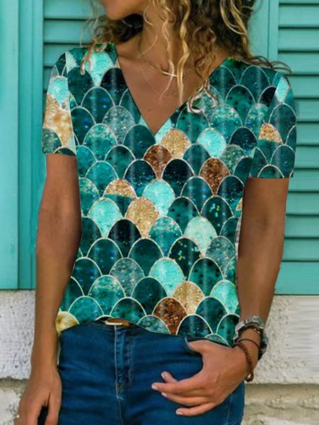 

Paisley Maniche Corte Stampato Misto Cotone Scollo a V Vacanza Estate verde Superiore, Blouses & Shirts