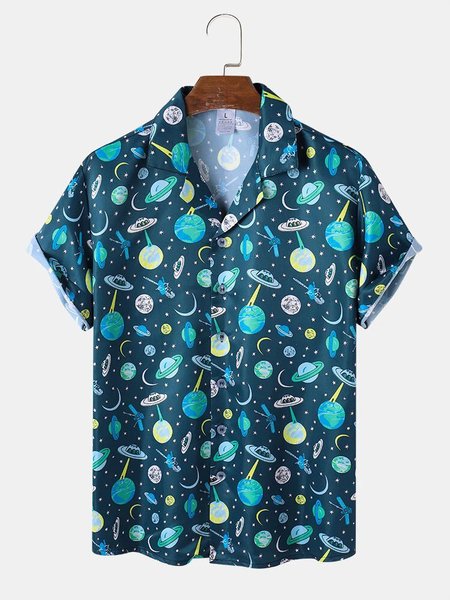 

Mens Funny Planet Pattern Short Sleeve Shirts, Green, Men's Floral shirt