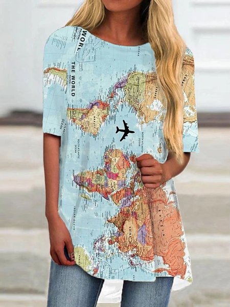

Map Crew Neck Casual Cotton-Blend Tops, Blue, T-Shirts