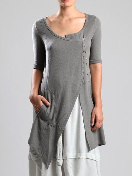 

Plain Shift Short Sleeve Cotton Tops, As picture, Tops