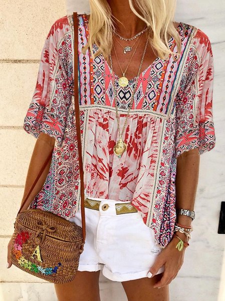 Short Sleeve V Neck Tops, As picture, Tops