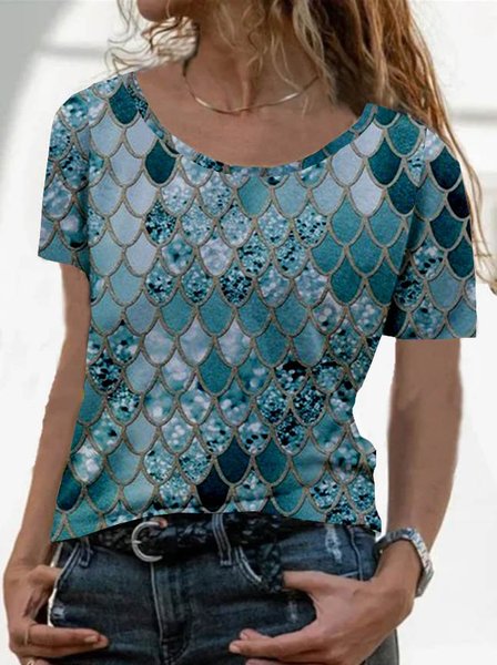 

Paisley Maniche Corte Stampato Misto Cotone Girocollo Vacanza Estate Blu Superiore, Blouses & Shirts