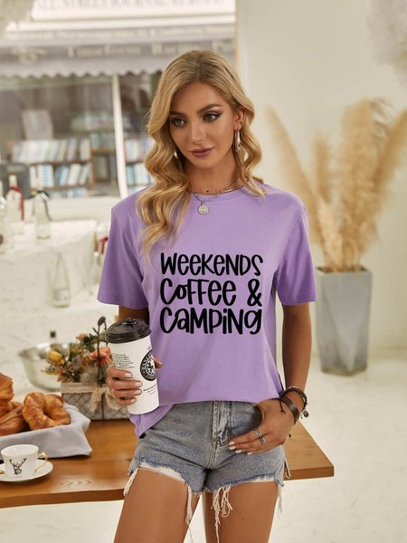 

Weekends Coffee Camping Graphic Round Neck Casual Tee, Purple, T-shirts