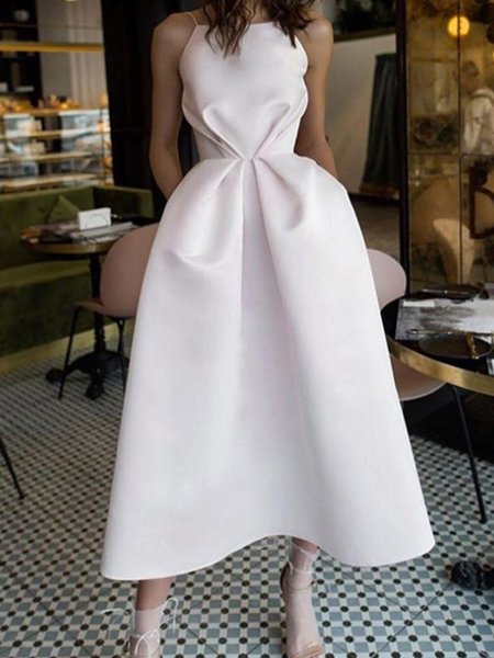 

Sleeveless A-Line Solid Square Neck Dress, White, Midi Dresses