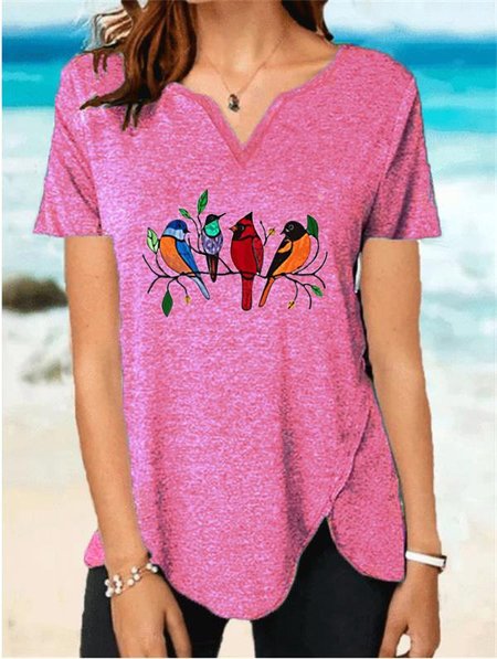 

Vintage Short Sleeve V Neck Song Birds Lightcatcher Printed Plus Size Casual Tops, Pink, Blouses & Shirts