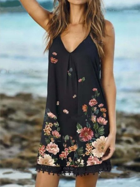 

Casual Shift Sleeveless Floral Weaving Dress, Black, Floral Dresses