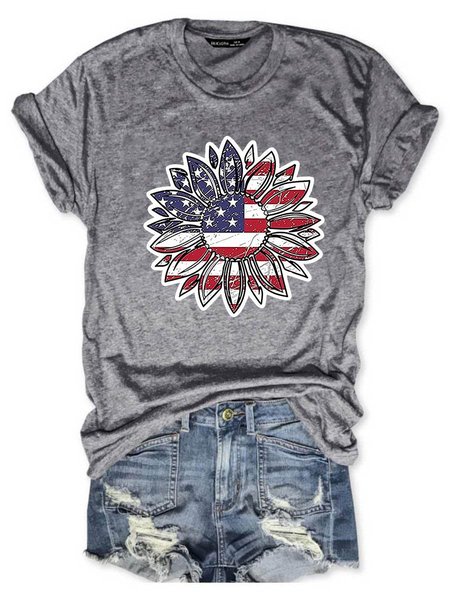 

Independence Day Sunflower Graphic Round Neck Loose Casual T Shirt, Gray, T-shirts
