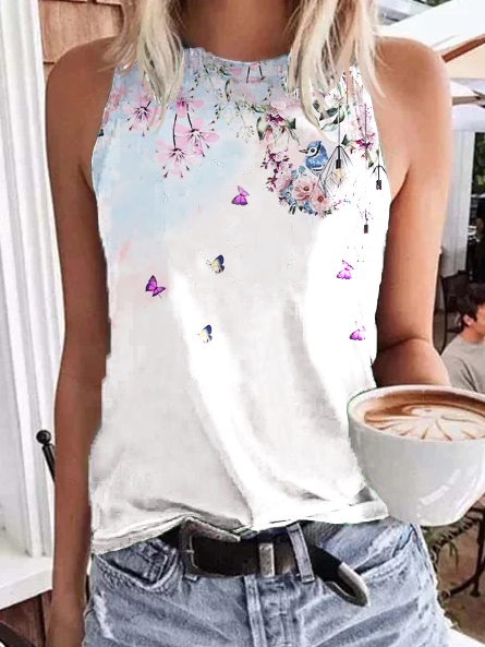 

Casuale Floreale Dritto Girocollo Camicie & Top, Bianco, Tank Top
