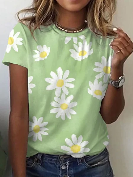 

Stampato Floreale Ricorrere Maniche Corte Girocollo Top, Verde, Tops