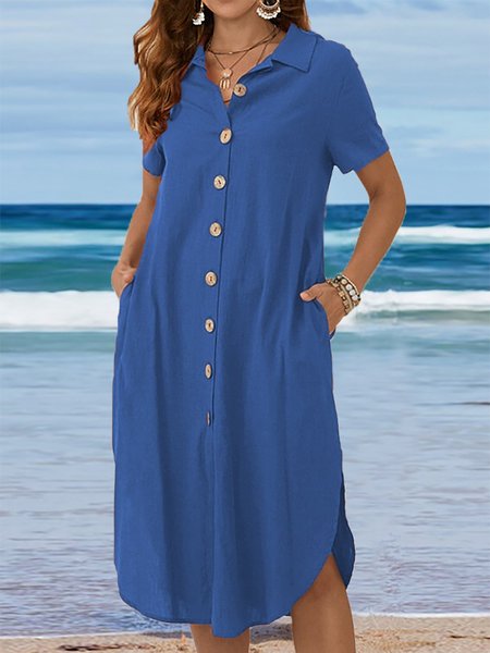 

Solid Color Lapel Button Short Sleeve Casual Dress, Blue, Elegant Dresses