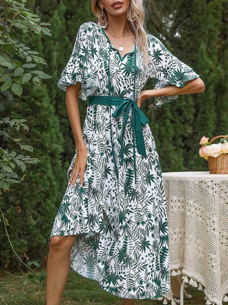 

V Neck Floral Printed Midi Dresses Shift Holiday Dress, Green, Midi Dresses