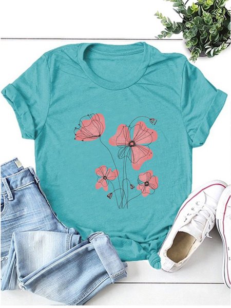 

Water Color And Line Drawing Flowers Women T-Shirt, Turquoise, T-shirts