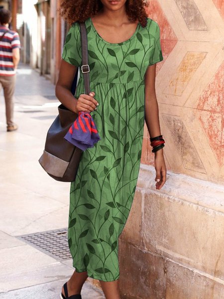 

Summer Leisure Vacation Green Leaf Pattern Printing Short Sleeve Casual Plants Knitting Dress, Casual Dresses