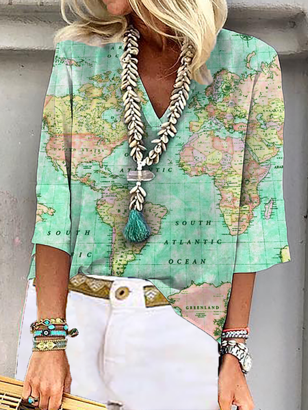 

Plus size Map Printed Casual Shirts & Tops, Green, Tops
