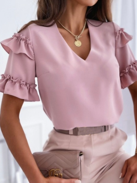 

Holiday V neck Short Sleeve Resort Ruffled Top, Pink, Blouses and Shirts