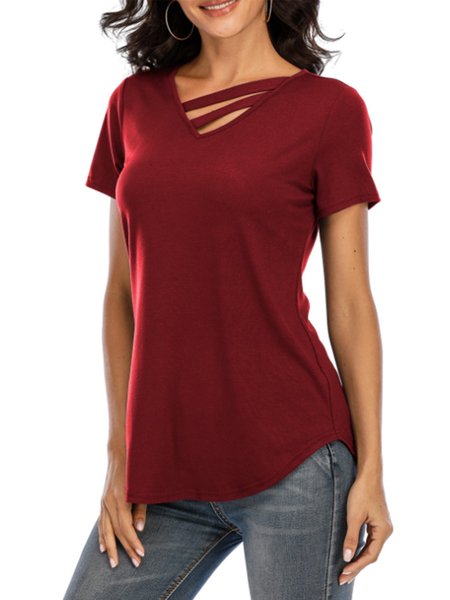 

V Neck Short Sleeve Lady Casual Top, Wine red, Tees