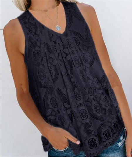 

Cutout V Neck Sleeveless Blouse, Black, Tanks & Camis