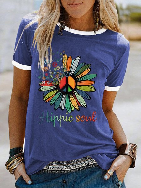 

Vintage Short Sleeve Round Neck Floral Letter Printed Plus Size Casual Tops, Blue, T-Shirts