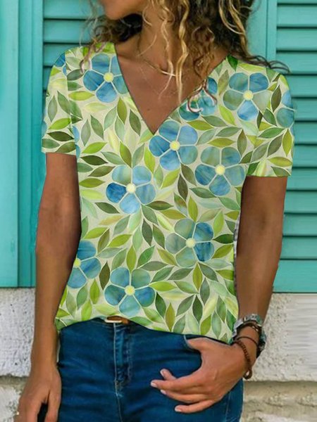 

Floral Short Sleeve Printed Cotton-blend V neck Holiday Summer Green Top, Tops