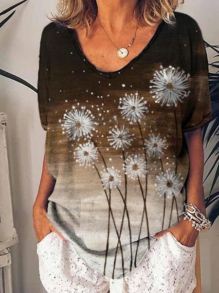 

Contrast Flower Dandelion Print Women T-shirt, Brown, T-Shirts