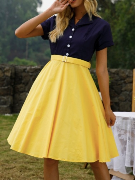 

Holiday Shawl Collar A-line Resort Color-Block Dresses, Yellow, Midi Dresses