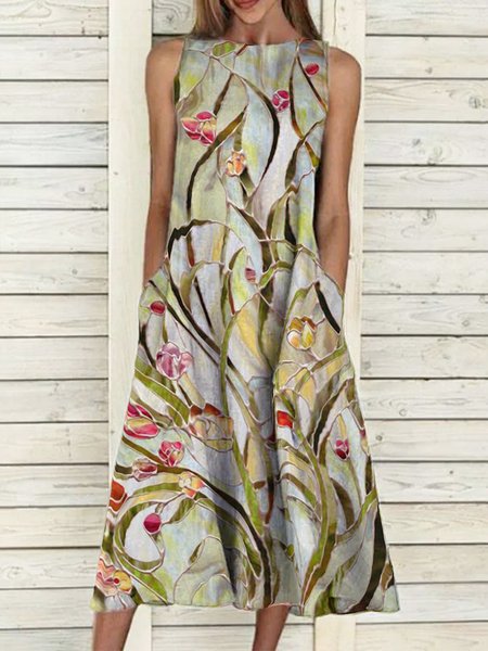 

Abito Ricorrere Girocollo A-line Floreale, Verde, Dresses