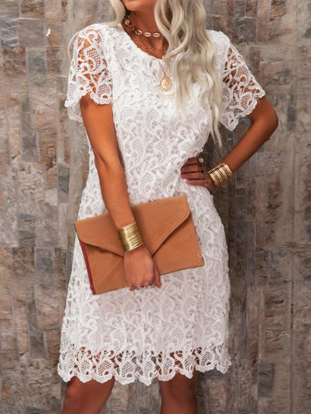 

Short Sleeve Solid Work Shift Mini Dress, White, Mini Dresses