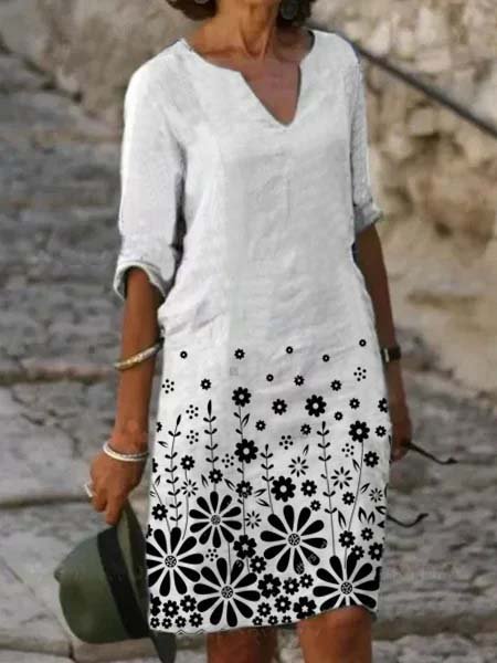 

Cotton-Blend Casual Half Sleeve V Neck Weaving Dress, White, Linen dresses
