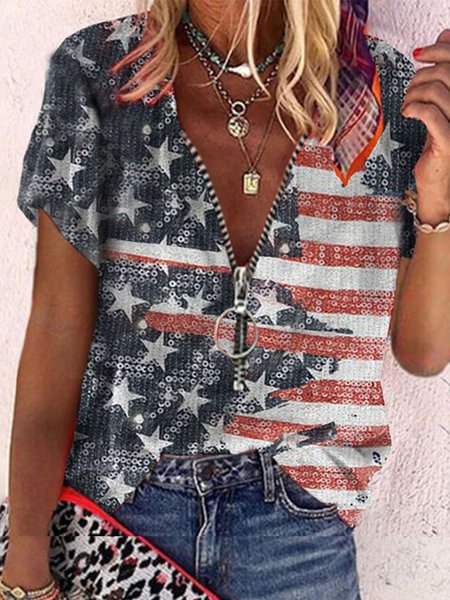 

Printed Cotton-Blend Short Sleeve V Neck Tops, Black, Blouses & Shirts