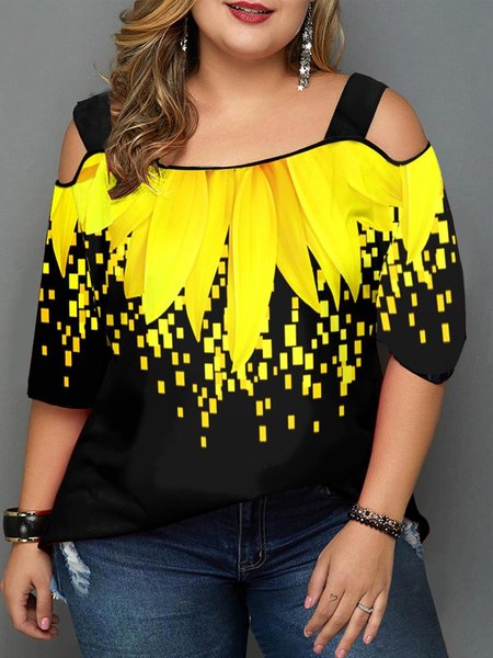 

Casual Short Sleeve Off Shoulder Cotton T-shirt, Black, T-Shirts