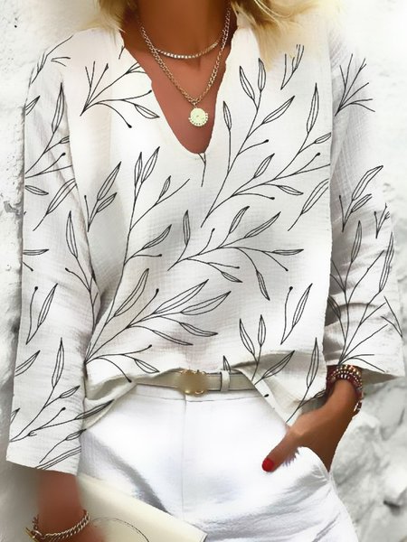 Camicetta Scollo a V Cotone E Lino Foglia Stampare, Bianco, Blouses & Shirts