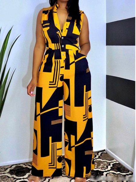 

Sleeveless Geometric Resort V Neck Jumpsuit, Yellow, Jumpsuits