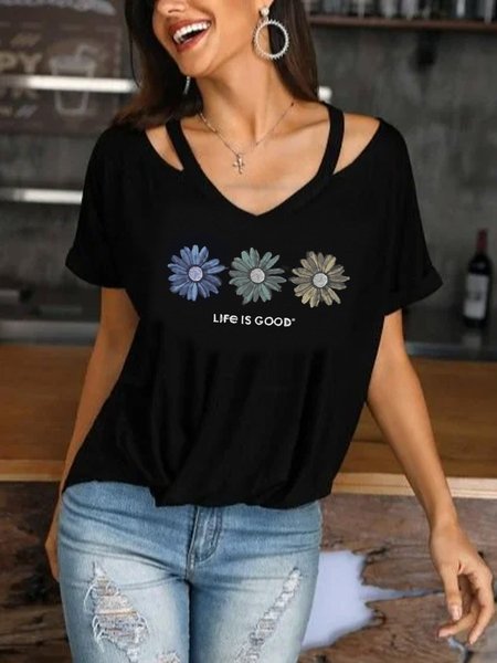

Paneled Casual V Neck Short Sleeve Shirts & Tops, Black, Tops