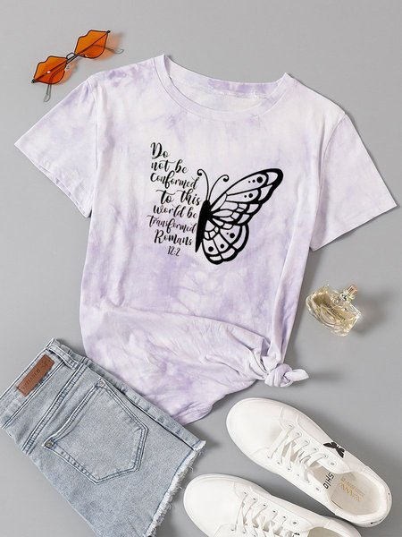 

Tie Dye Be Be Transformed Butterfly Short Sleeve Casual Crew Neck Shirts & Tops, Purple, T-shirts