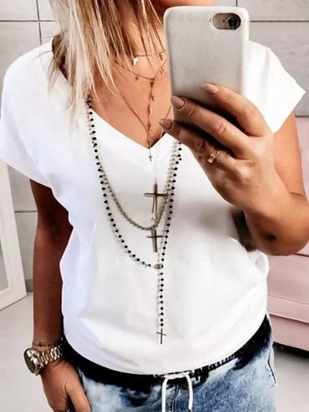 

Vintage Maniche Corte Scollo a V Solido Casuale Top, Bianco, Blouses & Shirts