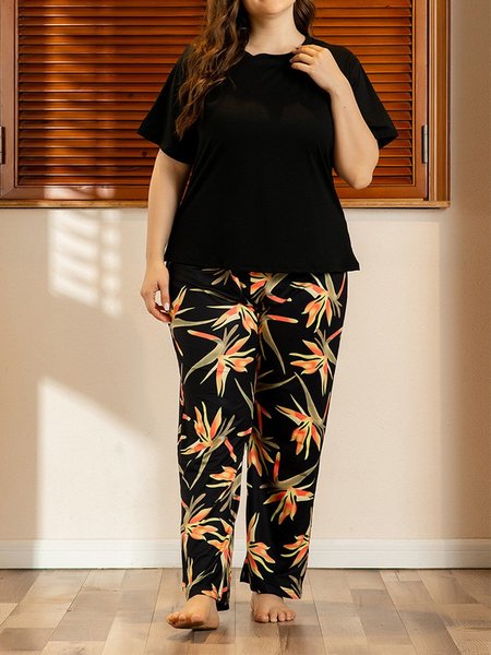 

Leaves Casual Short Sleeve Two Piece Sets, Black, Loungewear & Sleepwear