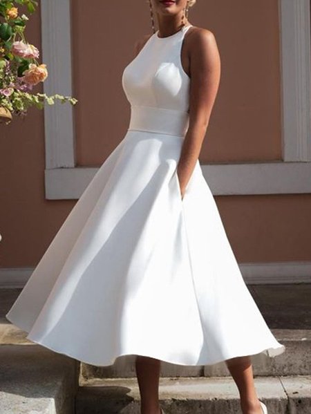 

Elegant A-Line Solid Crew Neck Sleeveless Dress, White, Midi Dresses