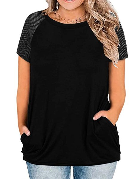 

Women Tops Plus Size Raglan Shirt Short Sleeve Short Sleeve Striped Crew Neck T-shirt, Black, T-Shirts