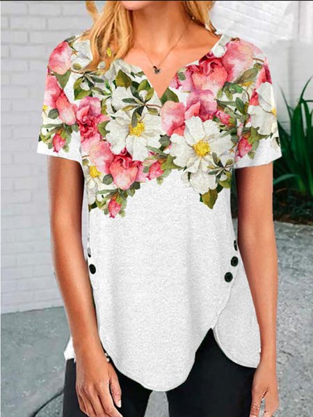 

Maniche Corte Stampato Floreale Dritto Misto Cotone Camicie & Top, Grigio, Blouses & Shirts
