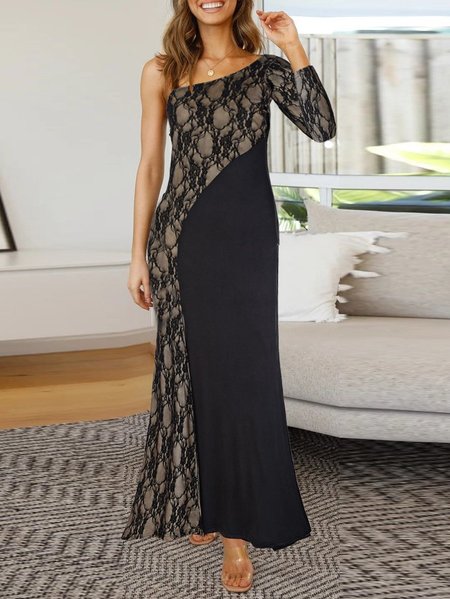 

Evening Shift Elegant One Shoulder Maxi Dress, Black, Maxi Dresses