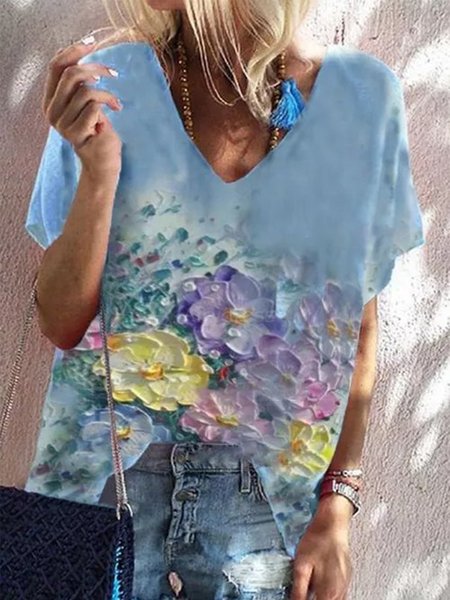 

Vintage Maniche Corte Scollo a V Stampata Floreale taglia grande Casuale Top, Blu, Blouses & Shirts
