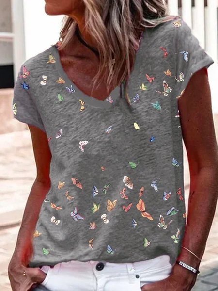 

Short Sleeve Floral-Print Polyester Cotton Basic Shirts & Tops, Gray, Tops