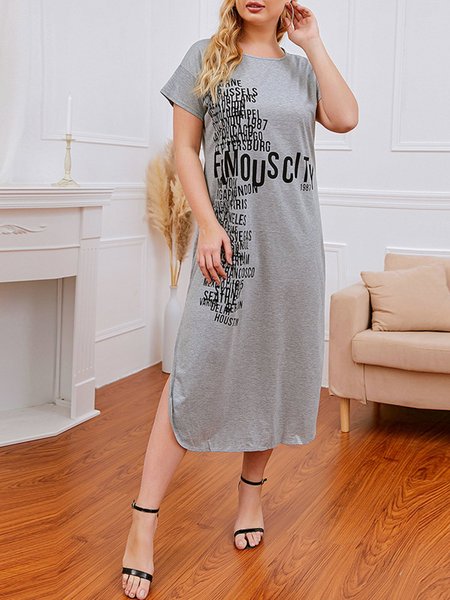 

Short Sleeve Letter Casual Midi Dress, Gray, Midi Dresses