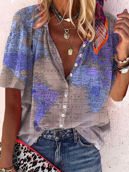 

Short Sleeve Shift V Neck Blouse, Blue, Tops