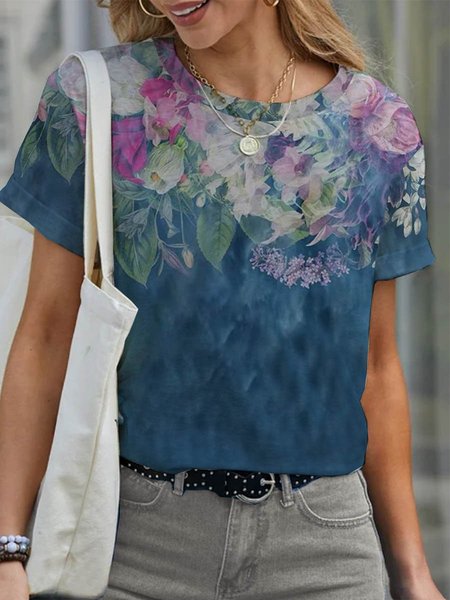 

Floreale Maniche Corte Stampato Cotone Girocollo Vacanza Estate Blu Superiore, Blouses & Shirts
