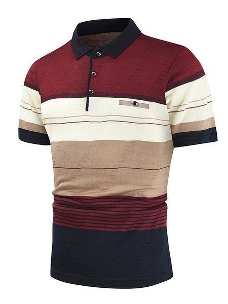 

Mens Business Casual Striped Printed Tops Turndown Collar Short Sleeve Cotton Golf Polo Shirt, Red, Men's t-shirts