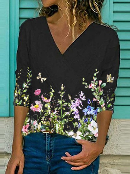 

Stampato Floreale Maniche Lunghe Casuale Camicie & Top, Nero, Blouses & Shirts