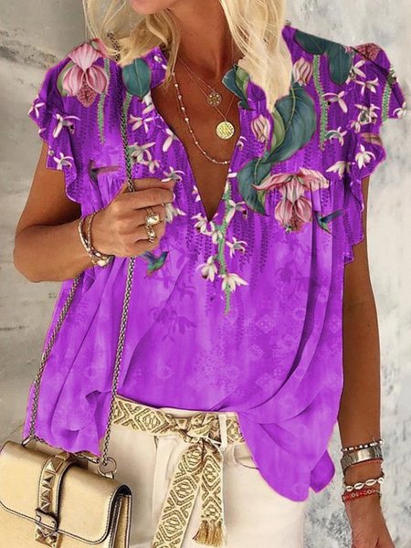 

Floral-Print Short Sleeve Blouse, Purple, Shirts & Blouses